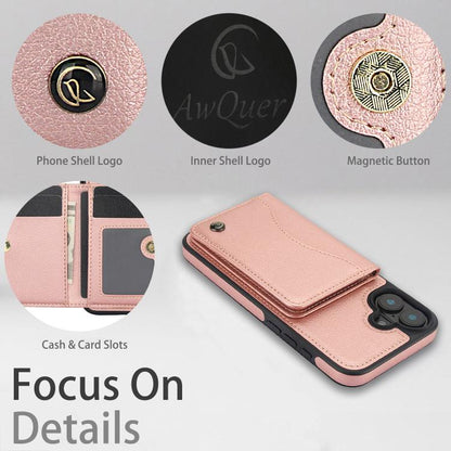 For iPhone 16 AwQuer Horizontal Flip Card Bag Holder Leather Phone Case(Rose Gold) - iPhone 16 Cases by Awquer | Online Shopping UK | buy2fix