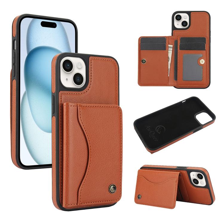 For iPhone 15 AwQuer Horizontal Flip Card Bag Holder Leather Phone Case(Brown) - iPhone 15 Cases by Awquer | Online Shopping UK | buy2fix