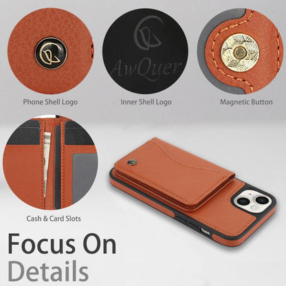 For iPhone 15 AwQuer Horizontal Flip Card Bag Holder Leather Phone Case(Brown) - iPhone 15 Cases by Awquer | Online Shopping UK | buy2fix