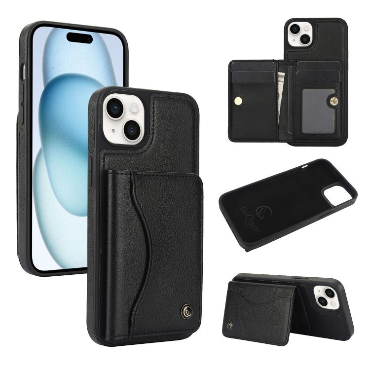 For iPhone 15 Plus AwQuer Horizontal Flip Card Bag Holder Leather Phone Case(Black) - iPhone 15 Plus Cases by Awquer | Online Shopping UK | buy2fix