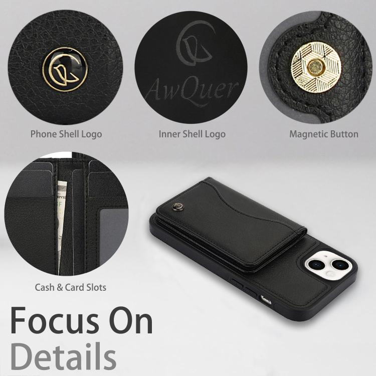 For iPhone 15 Plus AwQuer Horizontal Flip Card Bag Holder Leather Phone Case(Black) - iPhone 15 Plus Cases by Awquer | Online Shopping UK | buy2fix