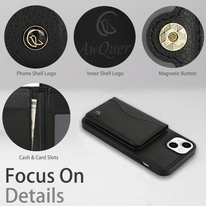 For iPhone 15 Plus AwQuer Horizontal Flip Card Bag Holder Leather Phone Case(Black) - iPhone 15 Plus Cases by Awquer | Online Shopping UK | buy2fix
