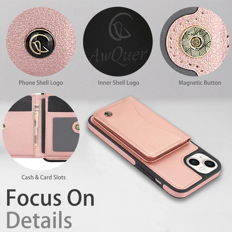 For iPhone 14 Plus AwQuer Horizontal Flip Card Bag Holder Leather Phone Case(Rose Gold) - iPhone 14 Plus Cases by Awquer | Online Shopping UK | buy2fix