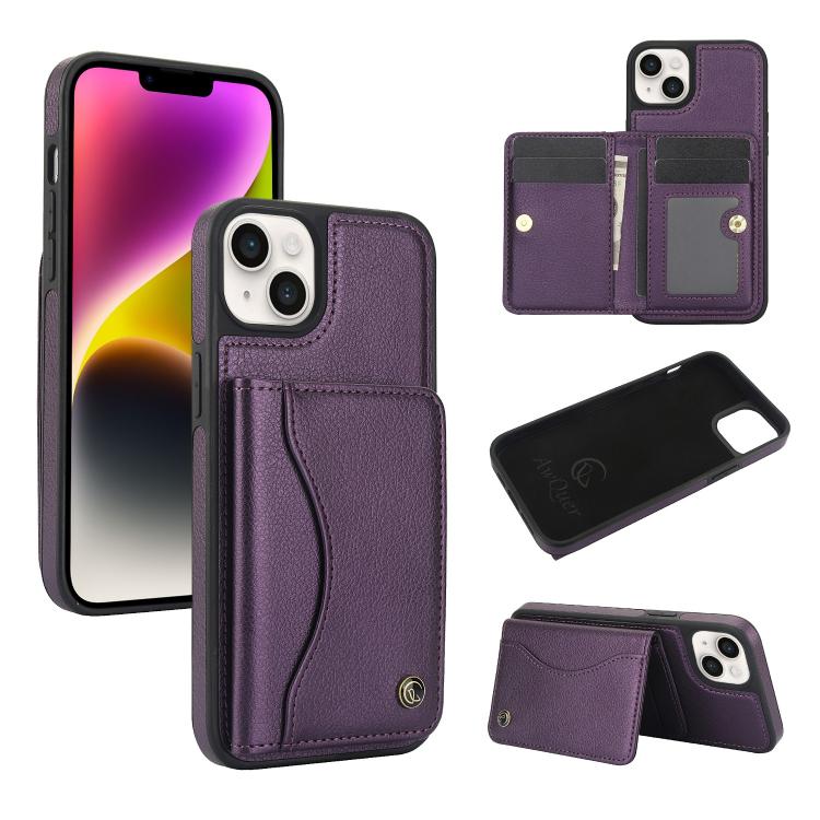For iPhone 14 / 13 AwQuer Horizontal Flip Card Bag Holder Leather Phone Case(Dark Purple) - iPhone 14 Cases by Awquer | Online Shopping UK | buy2fix