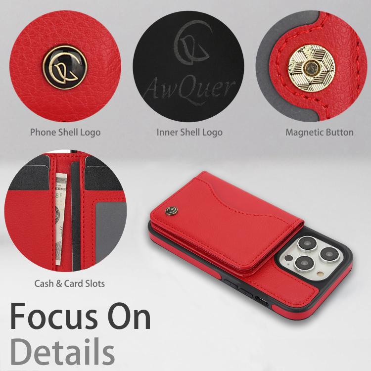 For iPhone 14 Pro AwQuer Horizontal Flip Card Bag Holder Leather Phone Case(Red) - iPhone 14 Pro Cases by Awquer | Online Shopping UK | buy2fix