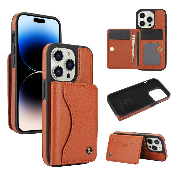 For iPhone 14 Pro Max AwQuer Horizontal Flip Card Bag Holder Leather Phone Case(Brown) - iPhone 14 Pro Max Cases by Awquer | Online Shopping UK | buy2fix