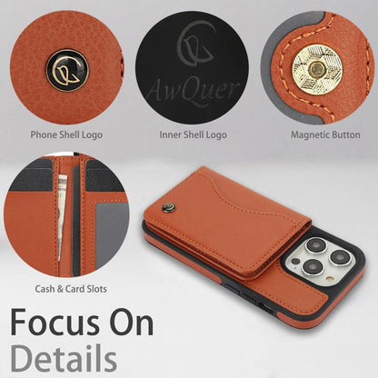 For iPhone 14 Pro Max AwQuer Horizontal Flip Card Bag Holder Leather Phone Case(Brown) - iPhone 14 Pro Max Cases by Awquer | Online Shopping UK | buy2fix