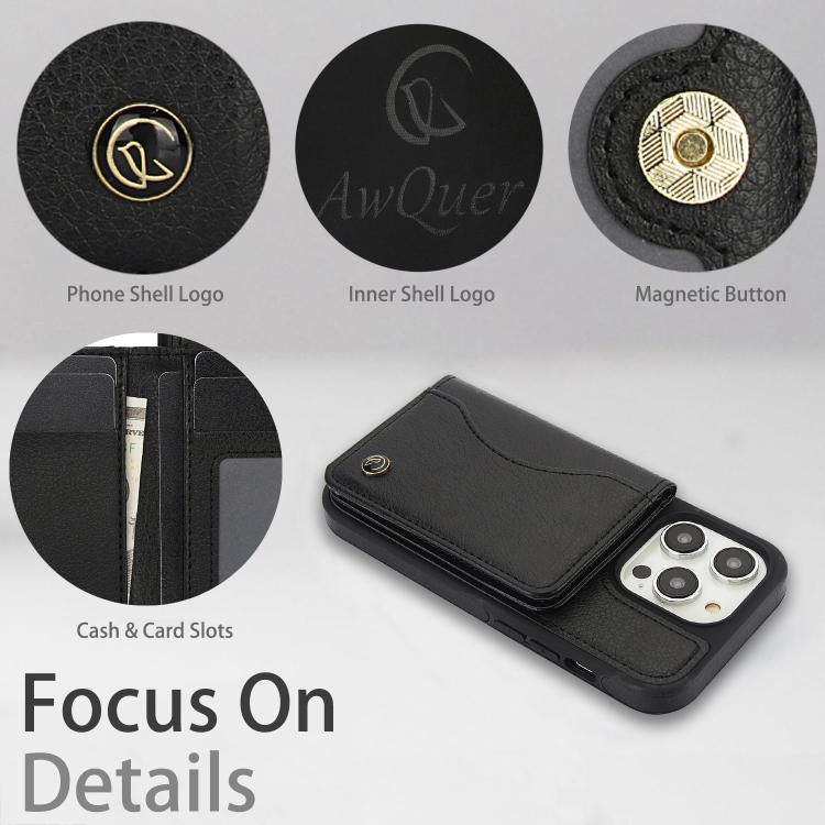 For iPhone 13 Pro Max AwQuer Horizontal Flip Card Bag Holder Leather Phone Case(Black) - iPhone 13 Pro Max Cases by Awquer | Online Shopping UK | buy2fix