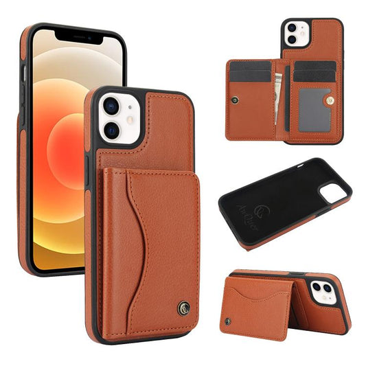 For iPhone 12 / 12 Pro AwQuer Horizontal Flip Card Bag Holder Leather Phone Case(Brown) - iPhone 12 / 12 Pro Cases by Awquer | Online Shopping UK | buy2fix