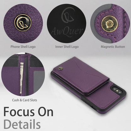 For iPhone X / XS AwQuer Horizontal Flip Card Bag Holder Leather Phone Case(Dark Purple) - More iPhone Cases by Awquer | Online Shopping UK | buy2fix