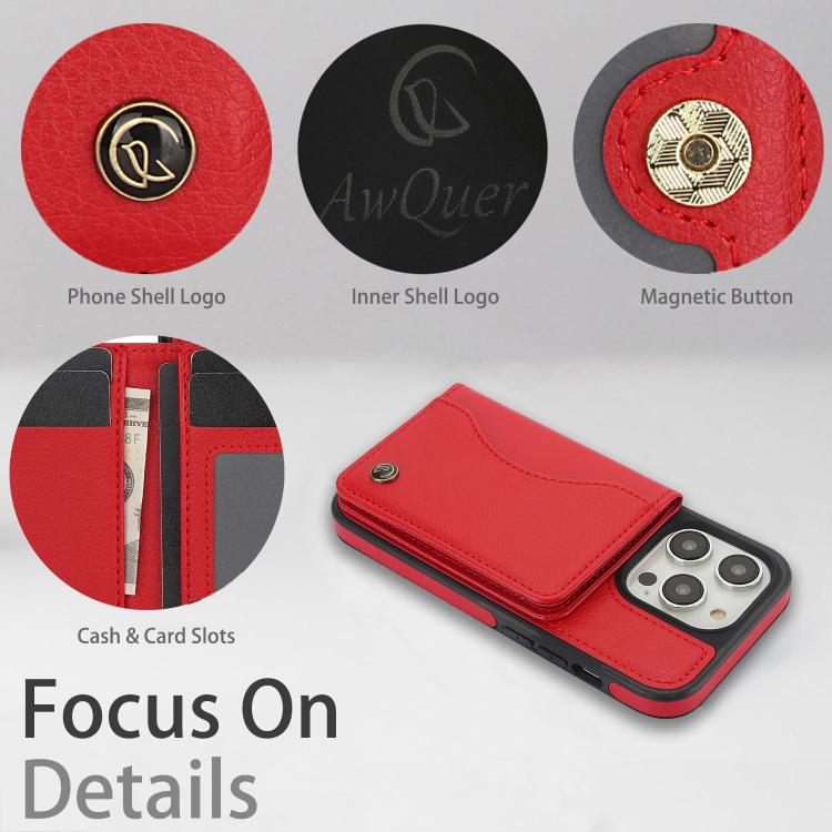 For iPhone 15 Pro AwQuer Horizontal Flip Card Bag Holder Leather Phone Case(Red) - iPhone 15 Pro Cases by Awquer | Online Shopping UK | buy2fix