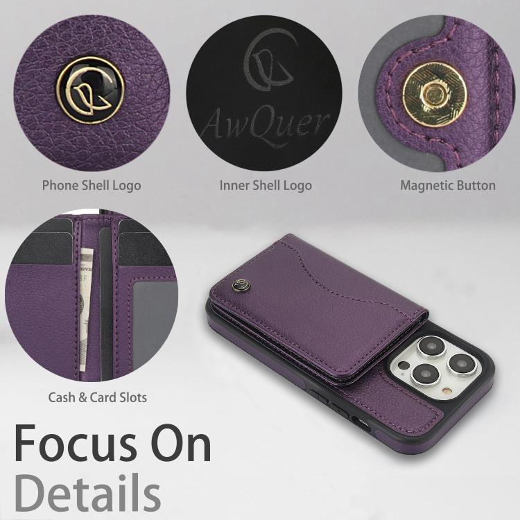 For iPhone 15 Pro Max AwQuer Horizontal Flip Card Bag Holder Leather Phone Case(Dark Purple) - iPhone 15 Pro Max Cases by Awquer | Online Shopping UK | buy2fix