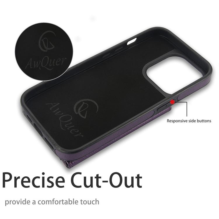For iPhone 15 Pro Max AwQuer Horizontal Flip Card Bag Holder Leather Phone Case(Dark Purple) - iPhone 15 Pro Max Cases by Awquer | Online Shopping UK | buy2fix