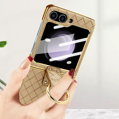 For Samsung Galaxy Z Flip5 VIETAO Woven Leather Metal Ring Phone Case(Gold) - Galaxy Z Flip5 Cases by VIETAO | Online Shopping UK | buy2fix