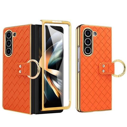 For Samsung Galaxy Z Fold5 VIETAO Woven Leather Metal Ring Phone Case(Orange) - Galaxy Z Fold5 Cases by VIETAO | Online Shopping UK | buy2fix
