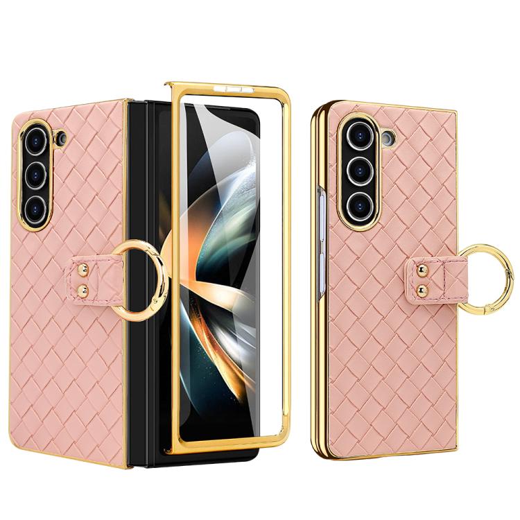 For Samsung Galaxy Z Fold4 VIETAO Woven Leather Metal Ring Phone Case(Pink) - Galaxy Z Fold4 5G Cases by VIETAO | Online Shopping UK | buy2fix