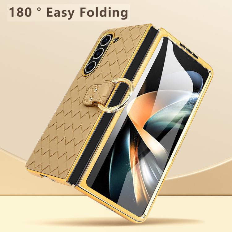 For Samsung Galaxy Z Fold5 VIETAO Woven Leather Metal Ring Phone Case(Pink) - Galaxy Z Fold5 Cases by VIETAO | Online Shopping UK | buy2fix