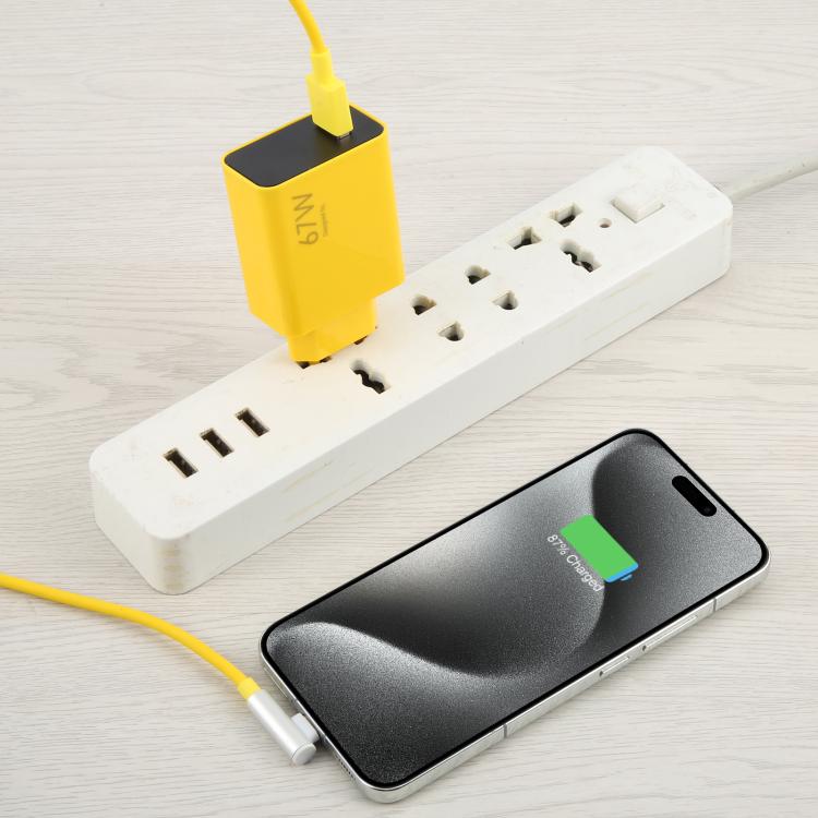 67W USB Fast Charger with 1m USB to Elbow Type-C Cable, Plug Type:EU Plug(Yellow) - USB Charger by buy2fix | Online Shopping UK | buy2fix