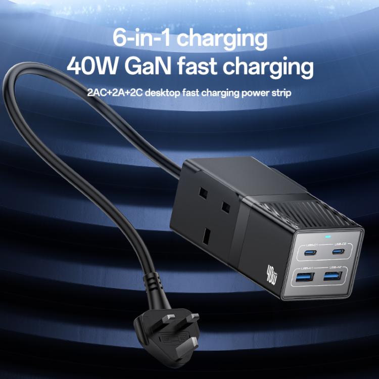 Yesido MC37 40W 6 In 1 Dual Type-C and Dual USB-A with 2 Socket Desktop GaN Power Socket Power Strip, UK Plug(Black) - Multifunction Charger by Yesido | Online Shopping UK | buy2fix