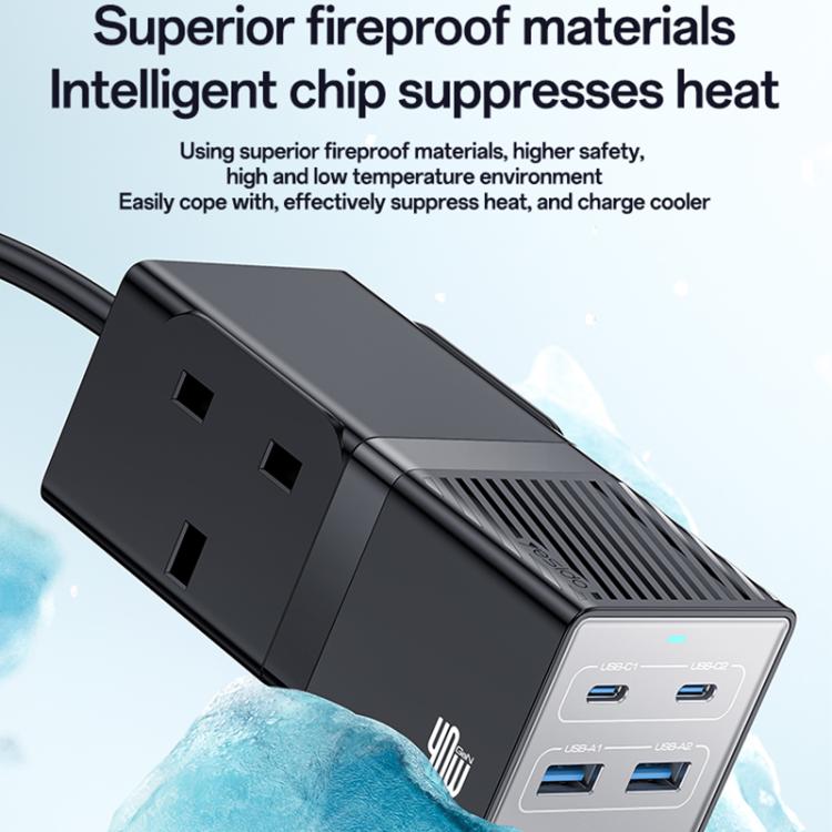 Yesido MC37 40W 6 In 1 Dual Type-C and Dual USB-A with 2 Socket Desktop GaN Power Socket Power Strip, UK Plug(Black) - Multifunction Charger by Yesido | Online Shopping UK | buy2fix
