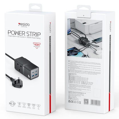 Yesido MC37 40W 6 In 1 Dual Type-C and Dual USB-A with 2 Socket Desktop GaN Power Socket Power Strip, UK Plug(Black) - Multifunction Charger by Yesido | Online Shopping UK | buy2fix