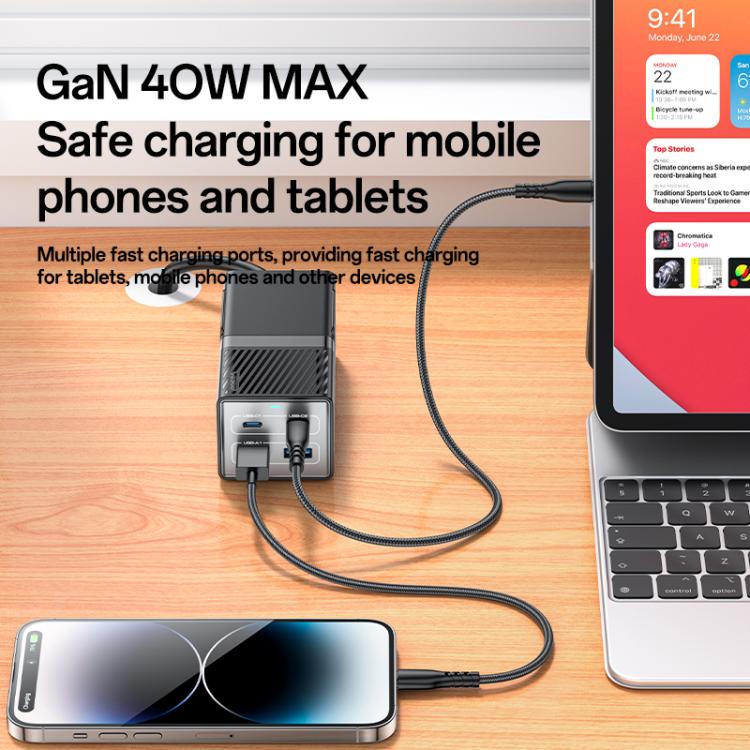 Yesido MC37 40W 6 In 1 Dual Type-C and Dual USB-A with 2 Socket Desktop GaN Power Socket Power Strip, UK Plug(Black) - Multifunction Charger by Yesido | Online Shopping UK | buy2fix