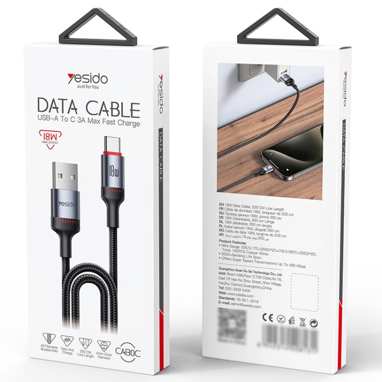 Yesido CA130C 18W 3A USB to USB-C / Type-C Charging Data Cable, Length: 2m(Black) - USB-C & Type-C Cable by Yesido | Online Shopping UK | buy2fix