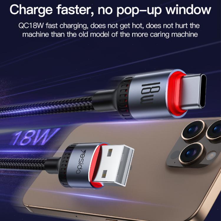 Yesido CA130C 18W 3A USB to USB-C / Type-C Charging Data Cable, Length: 2m(Black) - USB-C & Type-C Cable by Yesido | Online Shopping UK | buy2fix