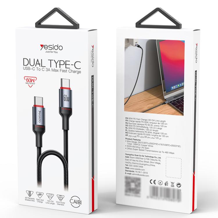 Yesido CA181 PD60W 3A USB-C / Type-C to USB-C / Type-C Charging Data Cable, Length: 1.2m(Black) - USB-C & Type-C Cable by Yesido | Online Shopping UK | buy2fix