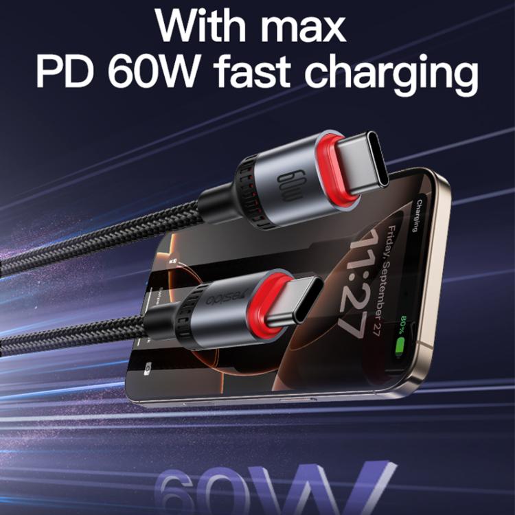 Yesido CA181 PD60W 3A USB-C / Type-C to USB-C / Type-C Charging Data Cable, Length: 1.2m(Black) - USB-C & Type-C Cable by Yesido | Online Shopping UK | buy2fix