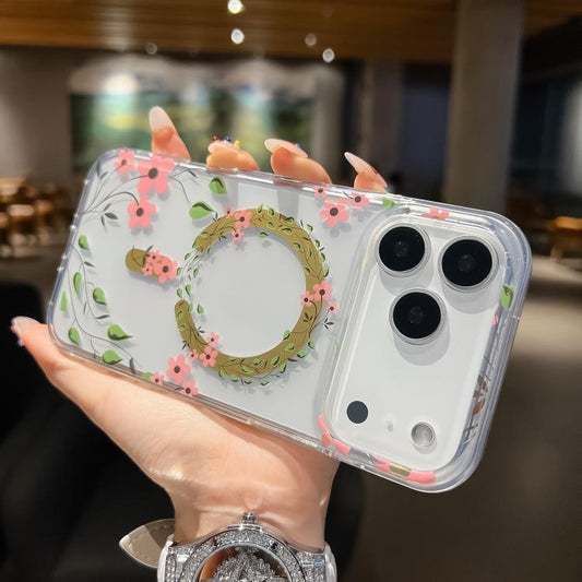 For iPhone 17 Pro Dual-side Laminating IMD MagSafe Phone Case(Pink Flowers) - iPhone 17 Pro Cases by buy2fix | Online Shopping UK | buy2fix