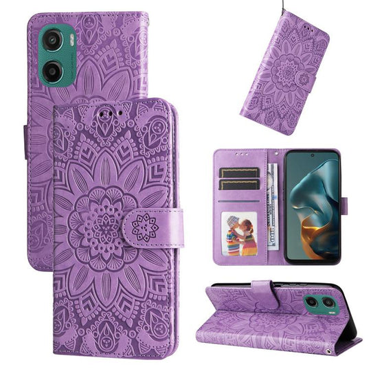 For Motorola Moto G05 / E15 Embossed Sunflower Leather Phone Case(Purple)