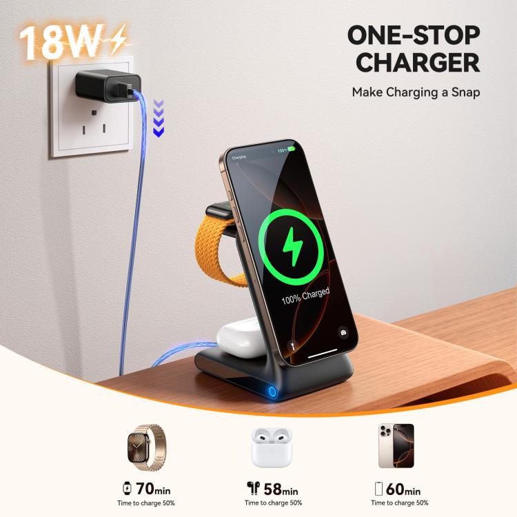 JOYROOM JR-W15 3 in 1 Magnetic Wireless Charging Phone Holder(Black) - Wireless Charger by JOYROOM | Online Shopping UK | buy2fix