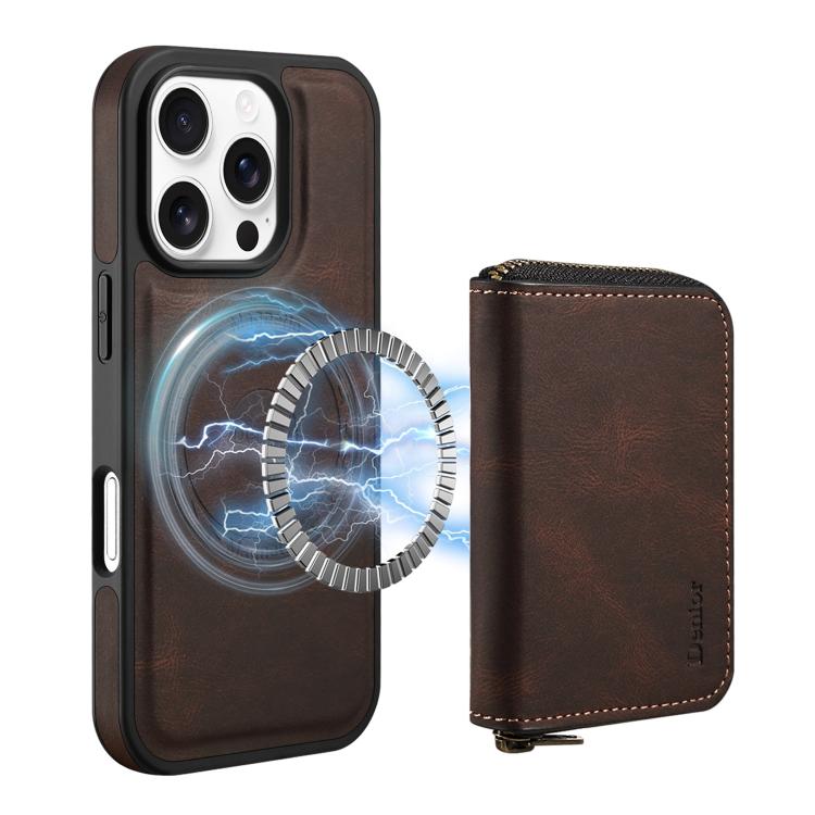 For iPhone 16 Pro Denior D26 Skin Feel MagSafe Zipper Bag Leather Phone Case(Coffee) - iPhone 16 Pro Cases by Denior | Online Shopping UK | buy2fix