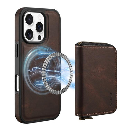 For iPhone 16 Pro Denior D26 Skin Feel MagSafe Zipper Bag Leather Phone Case(Coffee) - iPhone 16 Pro Cases by Denior | Online Shopping UK | buy2fix