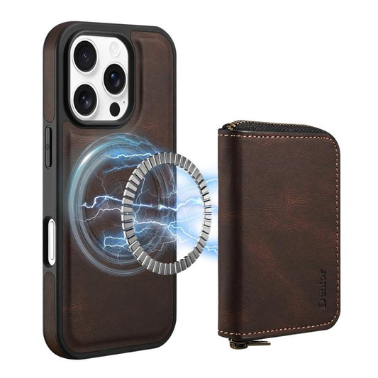 For iPhone 16 Pro Denior D26 Skin Feel MagSafe Zipper Bag Leather Phone Case(Coffee) - iPhone 16 Pro Cases by Denior | Online Shopping UK | buy2fix