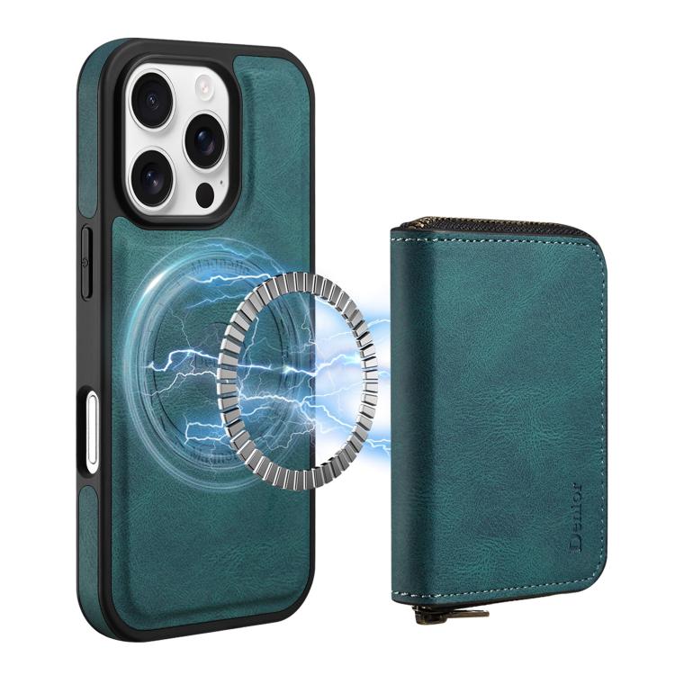 For iPhone 16 Pro Denior D26 Skin Feel MagSafe Zipper Bag Leather Phone Case(Blue) - iPhone 16 Pro Cases by Denior | Online Shopping UK | buy2fix
