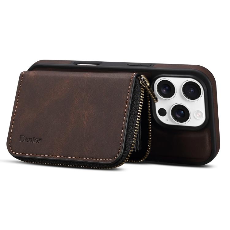 For iPhone 15 Pro Max Denior D26 Skin Feel MagSafe Zipper Bag Leather Phone Case(Coffee) - iPhone 15 Pro Max Cases by Denior | Online Shopping UK | buy2fix