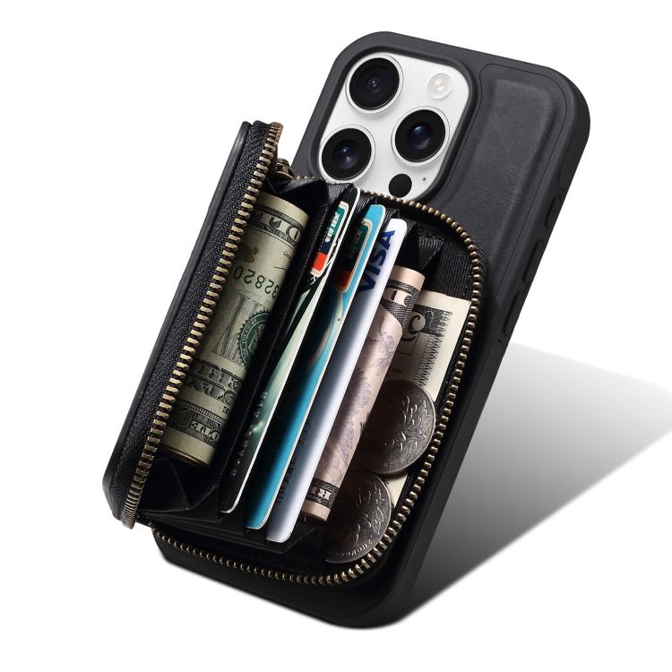 For iPhone 15 Pro Denior D26 Skin Feel MagSafe Zipper Bag Leather Phone Case(Black) - iPhone 15 Pro Cases by Denior | Online Shopping UK | buy2fix