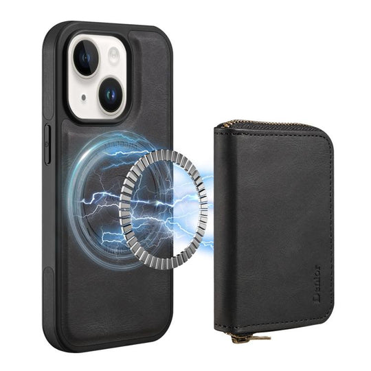 For iPhone 15 Plus/  14 Plus Denior D26 Skin Feel MagSafe Zipper Bag Leather Phone Case(Black)