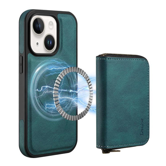 For iPhone 15 Plus/  14 Plus Denior D26 Skin Feel MagSafe Zipper Bag Leather Phone Case(Blue)
