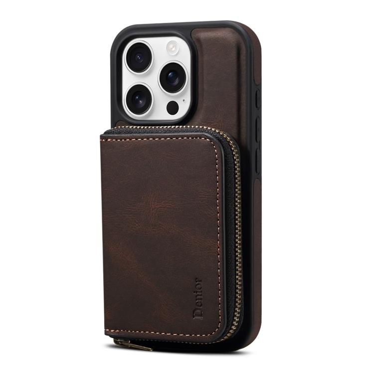 For iPhone 15 Denior D26 Skin Feel MagSafe Zipper Bag Leather Phone Case(Coffee) - iPhone 15 Cases by Denior | Online Shopping UK | buy2fix