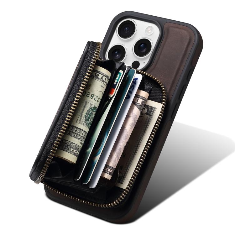 For iPhone 15 Denior D26 Skin Feel MagSafe Zipper Bag Leather Phone Case(Coffee) - iPhone 15 Cases by Denior | Online Shopping UK | buy2fix