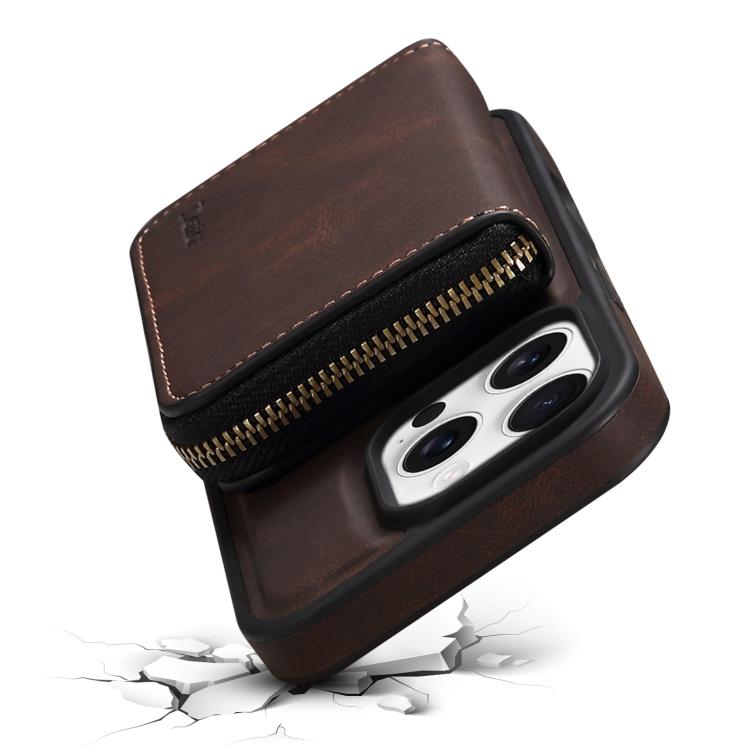 For iPhone 15 Denior D26 Skin Feel MagSafe Zipper Bag Leather Phone Case(Coffee) - iPhone 15 Cases by Denior | Online Shopping UK | buy2fix