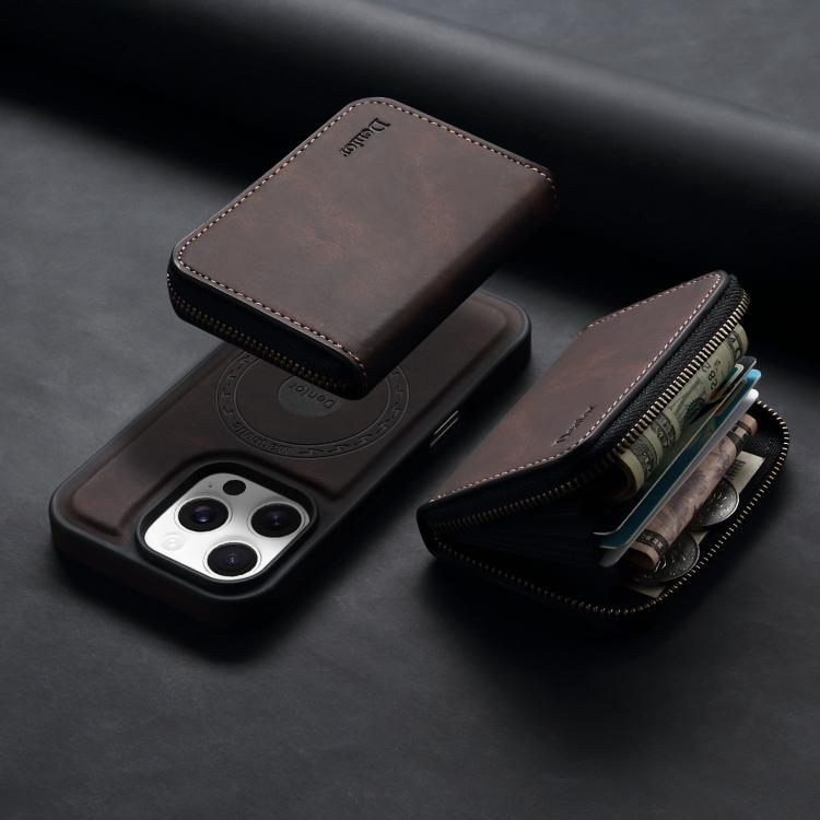 For iPhone 15 Denior D26 Skin Feel MagSafe Zipper Bag Leather Phone Case(Coffee) - iPhone 15 Cases by Denior | Online Shopping UK | buy2fix