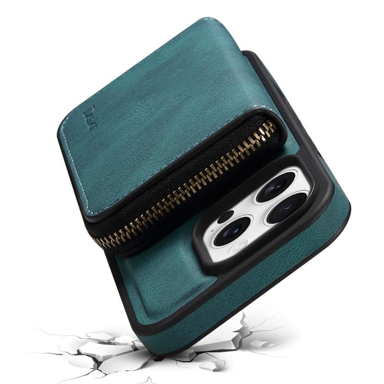 For iPhone 15 Denior D26 Skin Feel MagSafe Zipper Bag Leather Phone Case(Blue) - iPhone 15 Cases by Denior | Online Shopping UK | buy2fix