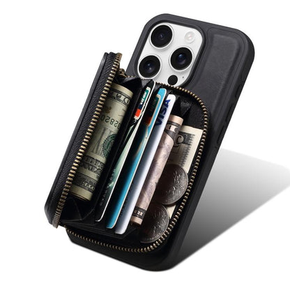 For iPhone 14 Pro Denior D26 Skin Feel MagSafe Zipper Bag Leather Phone Case(Black) - iPhone 14 Pro Cases by Denior | Online Shopping UK | buy2fix