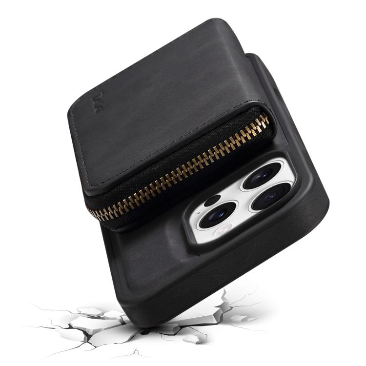 For iPhone 14 Pro Denior D26 Skin Feel MagSafe Zipper Bag Leather Phone Case(Black) - iPhone 14 Pro Cases by Denior | Online Shopping UK | buy2fix