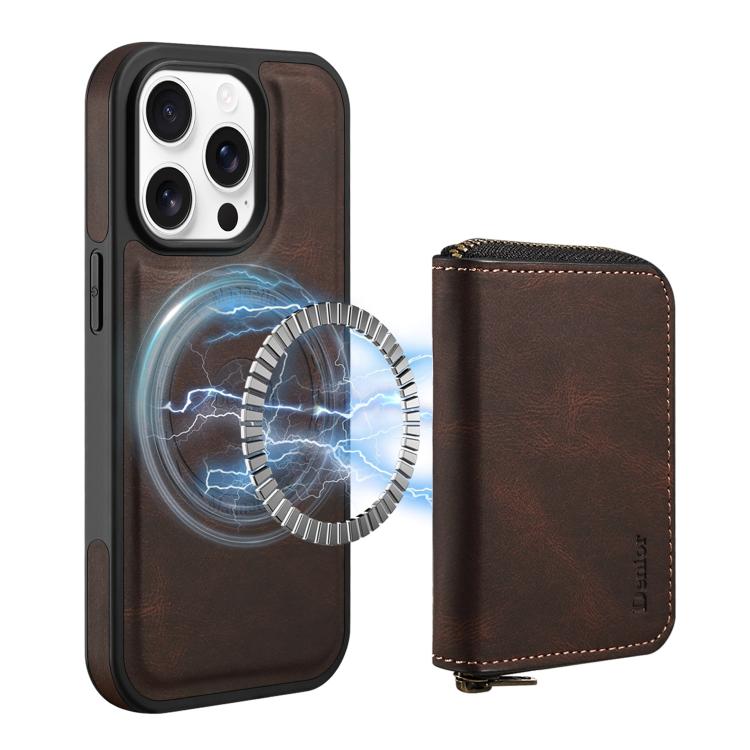 For iPhone 14 Pro Denior D26 Skin Feel MagSafe Zipper Bag Leather Phone Case(Coffee) - iPhone 14 Pro Cases by Denior | Online Shopping UK | buy2fix