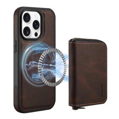 For iPhone 14 Pro Denior D26 Skin Feel MagSafe Zipper Bag Leather Phone Case(Coffee) - iPhone 14 Pro Cases by Denior | Online Shopping UK | buy2fix